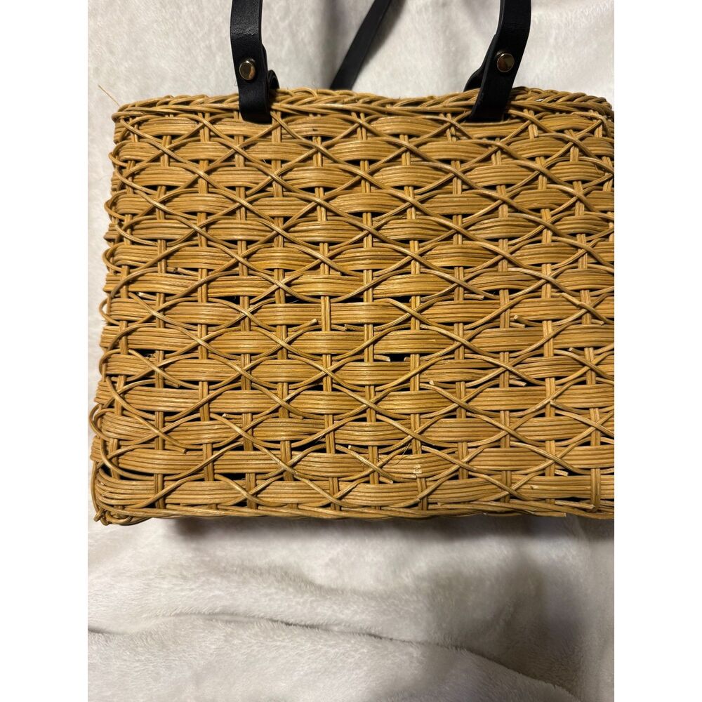 Zara Basic Woven Straw Tote Bag Natural Rattan Black Handles Boho Beach